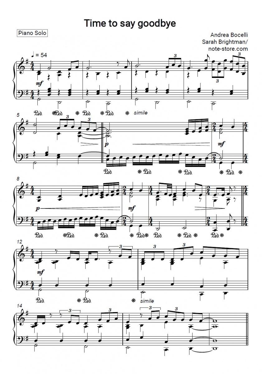 Ноты Sarah Brightman, Andrea Bocelli - Time to Say Goodbye скачать - Пианино.Соло