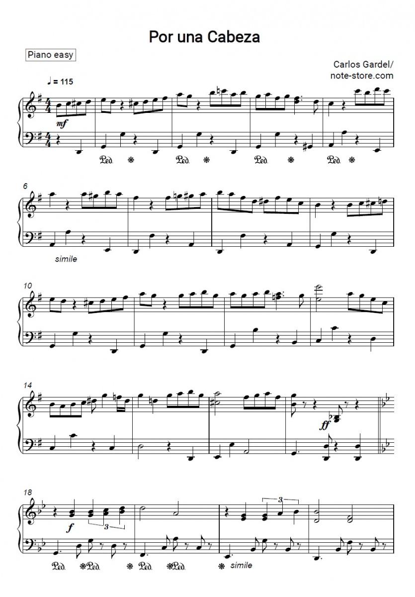 Лёгкие ноты Carlos Gardel - Por una cabeza скачать - Пианино.Easy