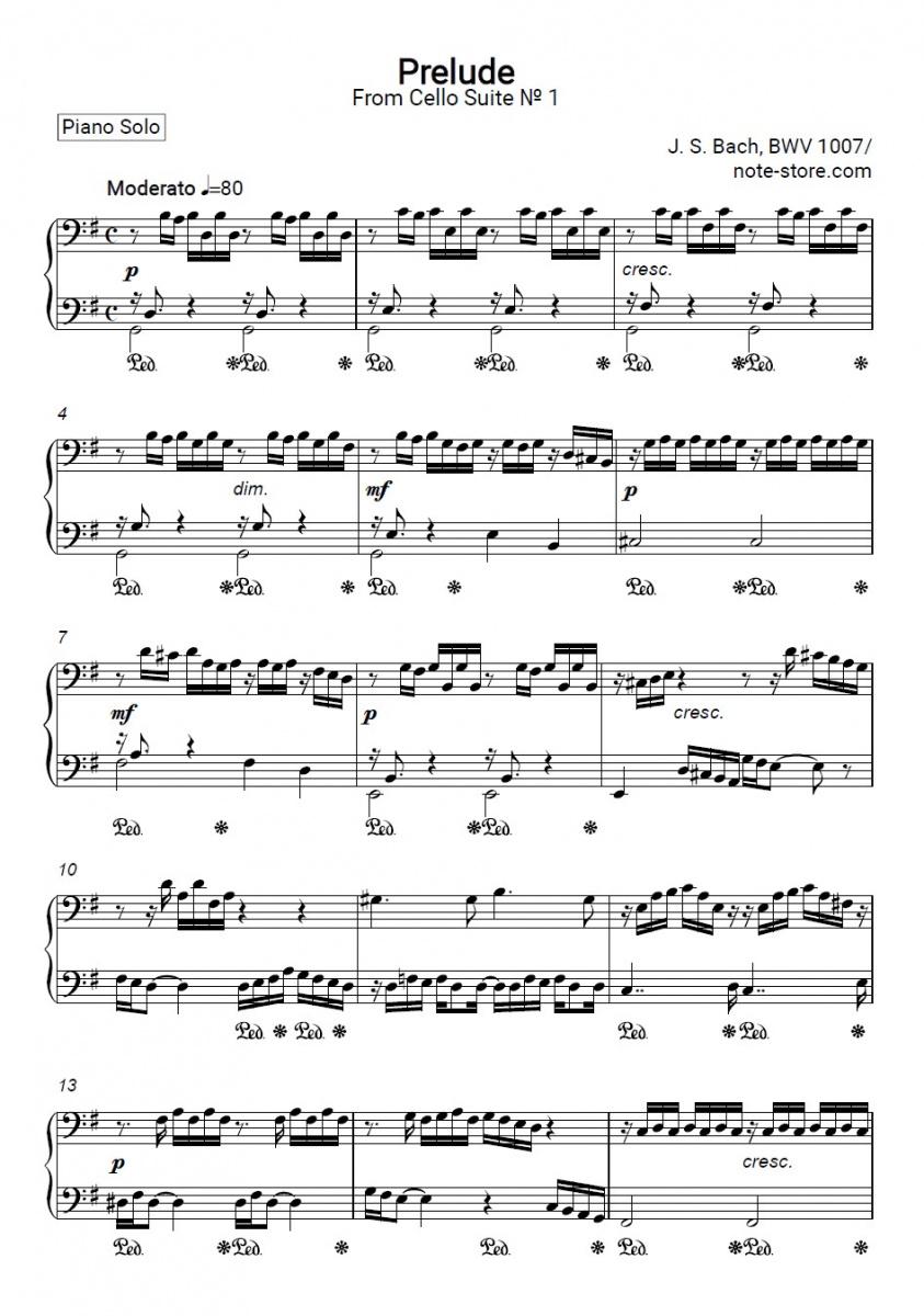 Ноты Иоганн Себастьян Бах - Cello Suite No. 1 in G Major, BWV 1007 скачать - Пианино.Соло