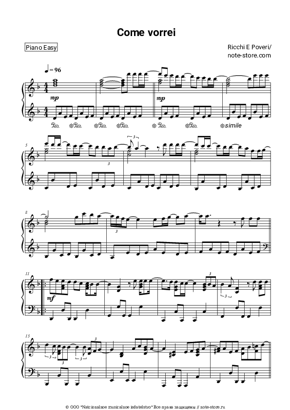 Лёгкие ноты Ricchi e Poveri - Come vorrei скачать - Пианино.Easy