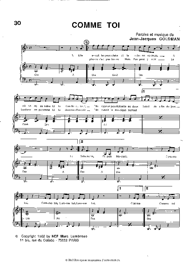 Ноты с вокалом Jean-Jacques Goldman - Comme Toi скачать - Пианино&Вокал