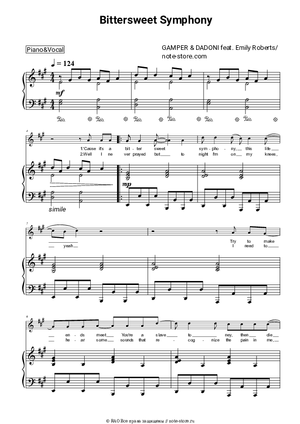 Ноты с вокалом Gamper & Dadoni, Emily Roberts - Bittersweet Symphony скачать - Пианино&Вокал
