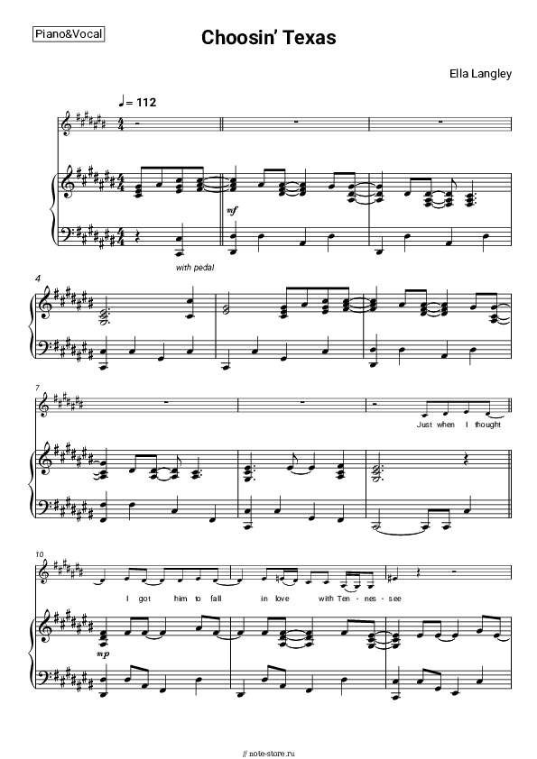 Ноты с вокалом Ella Langley - Choosin’ Texas скачать - Пианино&Вокал