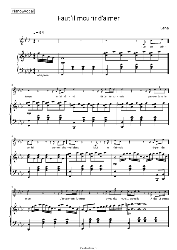 Ноты с вокалом Lena - Faut'il mourir d'aimer скачать - Пианино&Вокал
