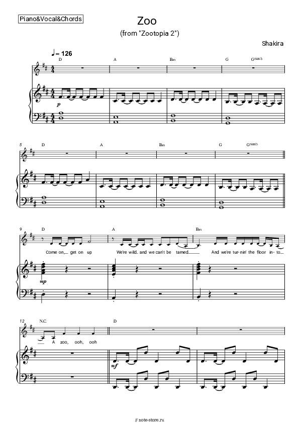 Ноты и аккорды Shakira - Zoo (From 'Zootopia 2') скачать - Пианино&Вокал&Аккорды