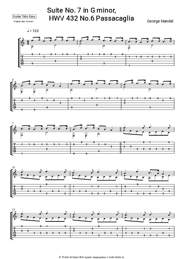 Лёгкие табы Георг Фридрих Гендель - Сюита No. 7 соль минор, HWV 432: No.6 Пассакалия скачать - Гитара.Табы (Лёгкие)