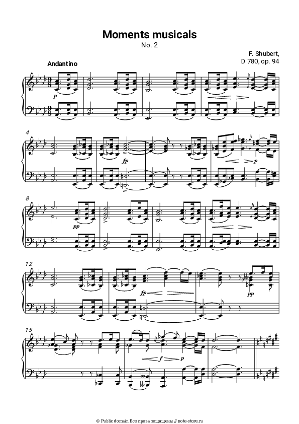 Ноты Франц Шуберт - Музыкальный момент, Op. 94 D 780: №2. Andantino скачать - Пианино.Соло