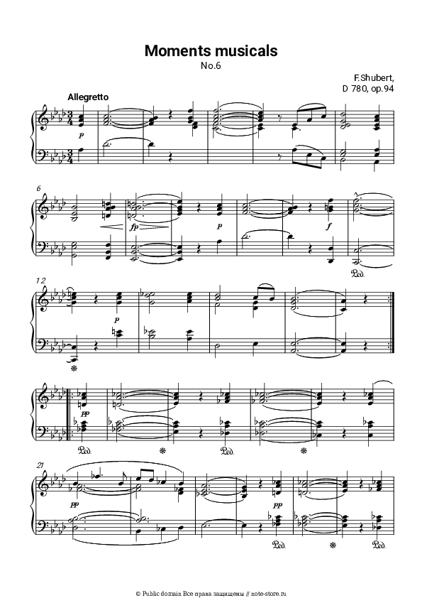 Ноты Франц Шуберт - Музыкальный момент, Op. 94 D 780: №6. Allegretto скачать - Пианино.Соло