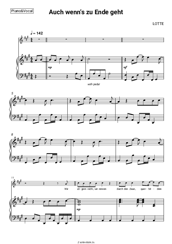 Ноты с вокалом LOTTE - Auch wenn’s zu Ende geht скачать - Пианино&Вокал