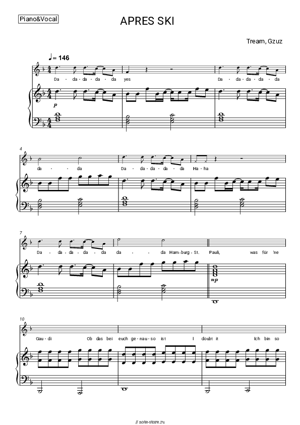 Ноты с вокалом Tream, Gzuz - APRES SKI скачать - Пианино&Вокал