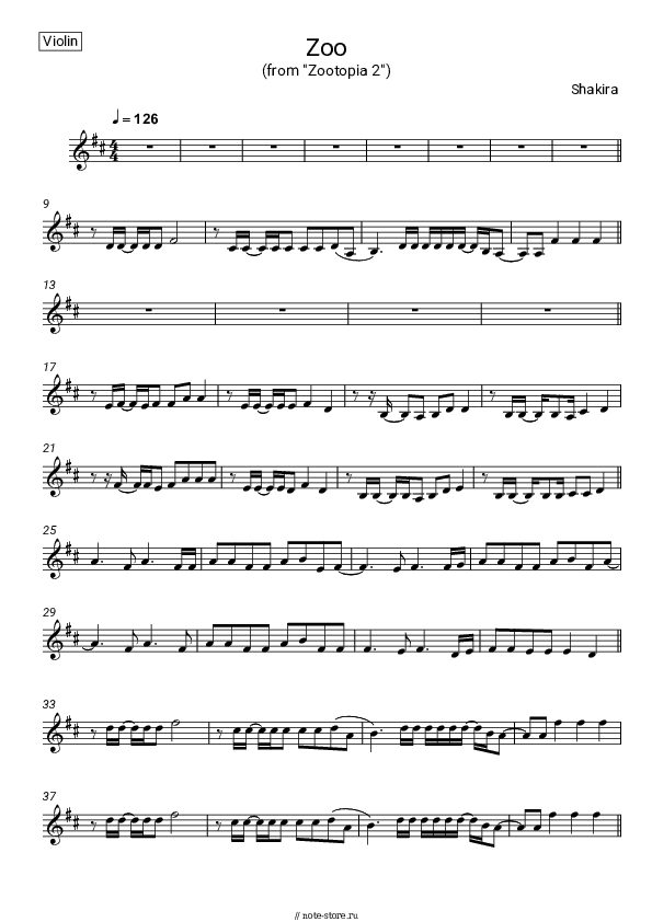 Ноты Shakira - Zoo (From 'Zootopia 2') скачать - Скрипка