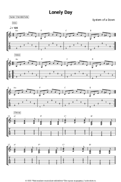 Ноты, аккорды System of a down - Lonely day
