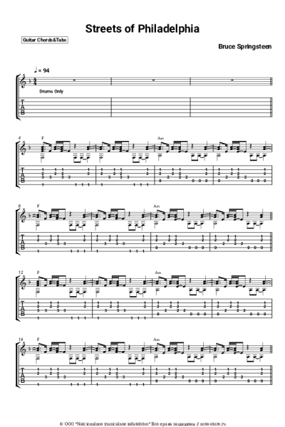Ноты, аккорды Bruce Springsteen - Streets of Philadelphia
