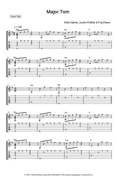 Ноты, аккорды Justin Pollnik, Felix Harrer, Paul Keen - Major Tom