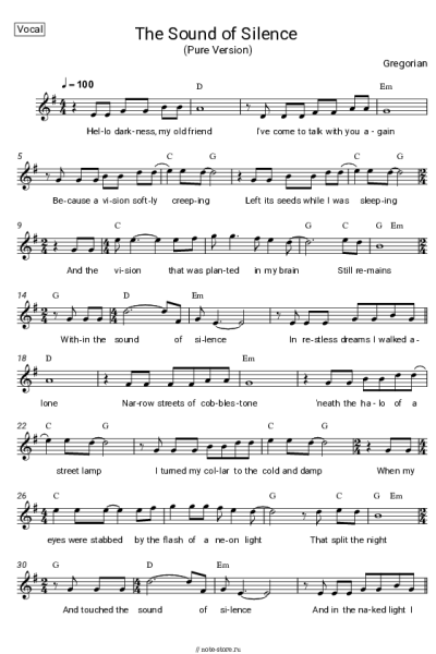Ноты, аккорды Gregorian - The Sound of Silence (Pure Version)