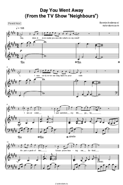 Ноты, аккорды Bonnie Anderson - Day You Went Away (From the TV Show Neighbours)