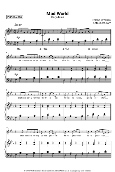 Ноты, аккорды Gary Jules - Mad World