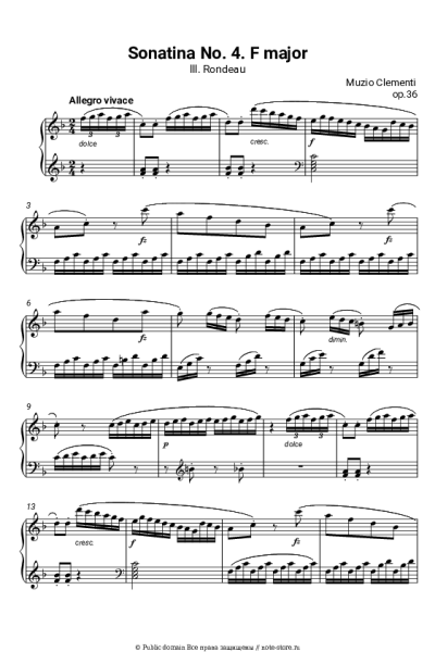 Ноты, аккорды Муцио Клементи - Сонатина соч. 36, No. 4 фа мажор: lll. Рондо