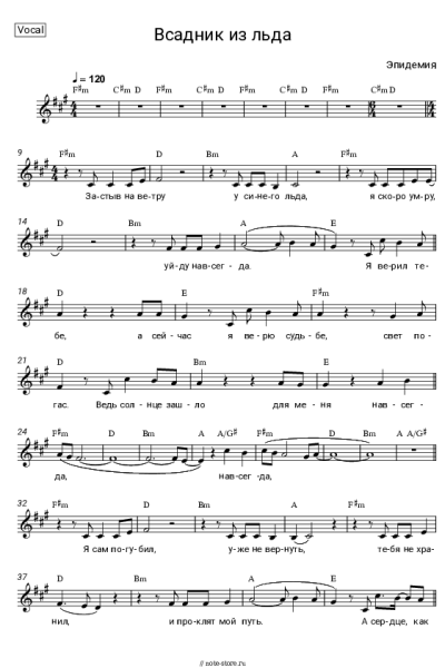Ноты, аккорды Эпидемия - Всадник из льда