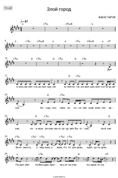 Ноты, аккорды RADIO TAPOK - Злой город