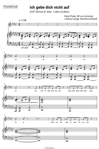 Ноты, аккорды Peter Plate, Ulf Leo Sommer, Joshua Lange, Yasmina Hempel - Ich gebe dich nicht auf (OST Romeo & Julia - Liebe ist alles)