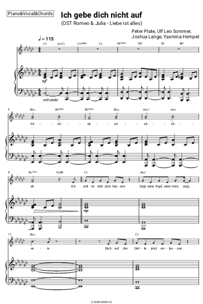 Ноты, аккорды Peter Plate, Ulf Leo Sommer, Joshua Lange, Yasmina Hempel - Ich gebe dich nicht auf (OST Romeo & Julia - Liebe ist alles)