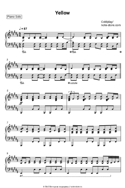 Ноты, аккорды Coldplay - Yellow