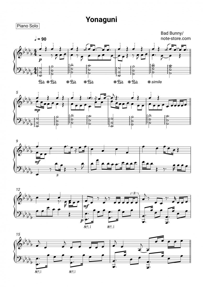 Bad Bunny - Yonaguni ноты для фортепиано
