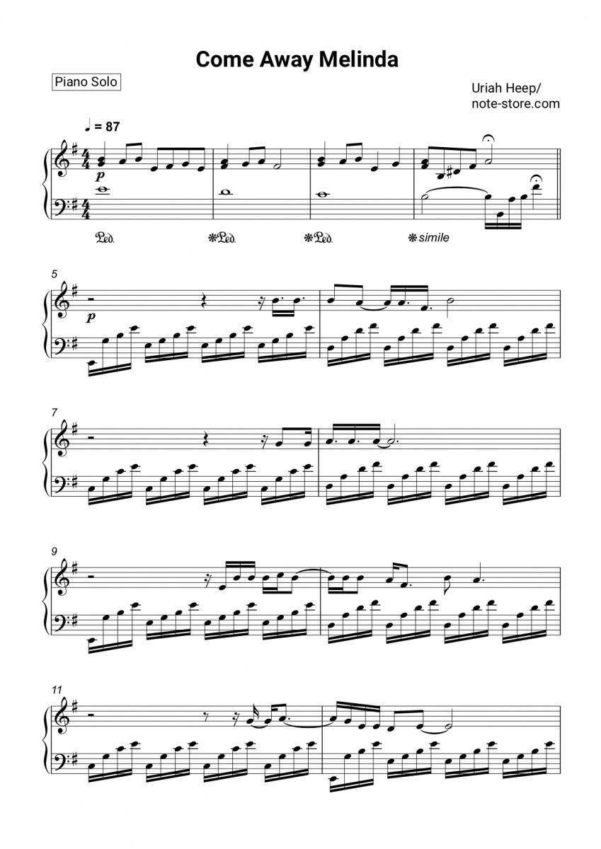 Uriah Heep - Come Away Melinda ноты для фортепиано