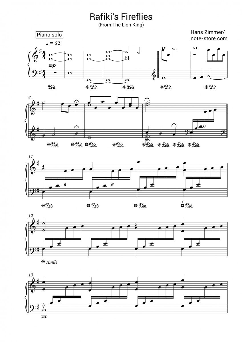 Hans Zimmer - Rafiki's Fireflies (From The Lion King) ноты для фортепиано