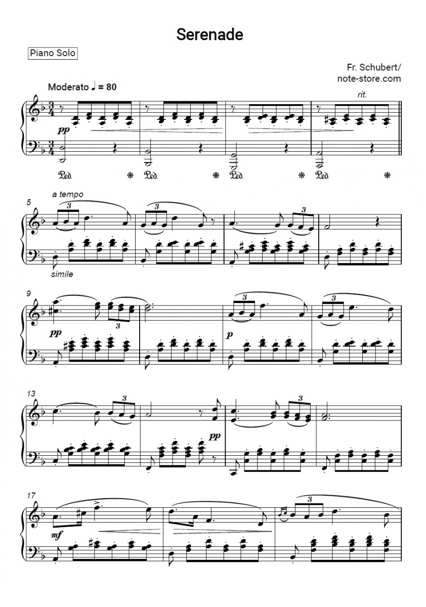 Ноты Франц Шуберт - Серенада (Лебединая песня, D 957) - Пианино.Соло