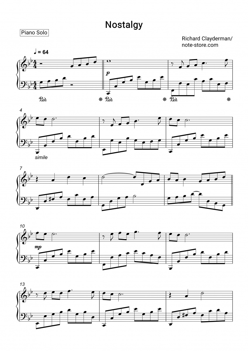 Оливье Туссен, Richard Clayderman - Ностальгия ноты для фортепиано в ...