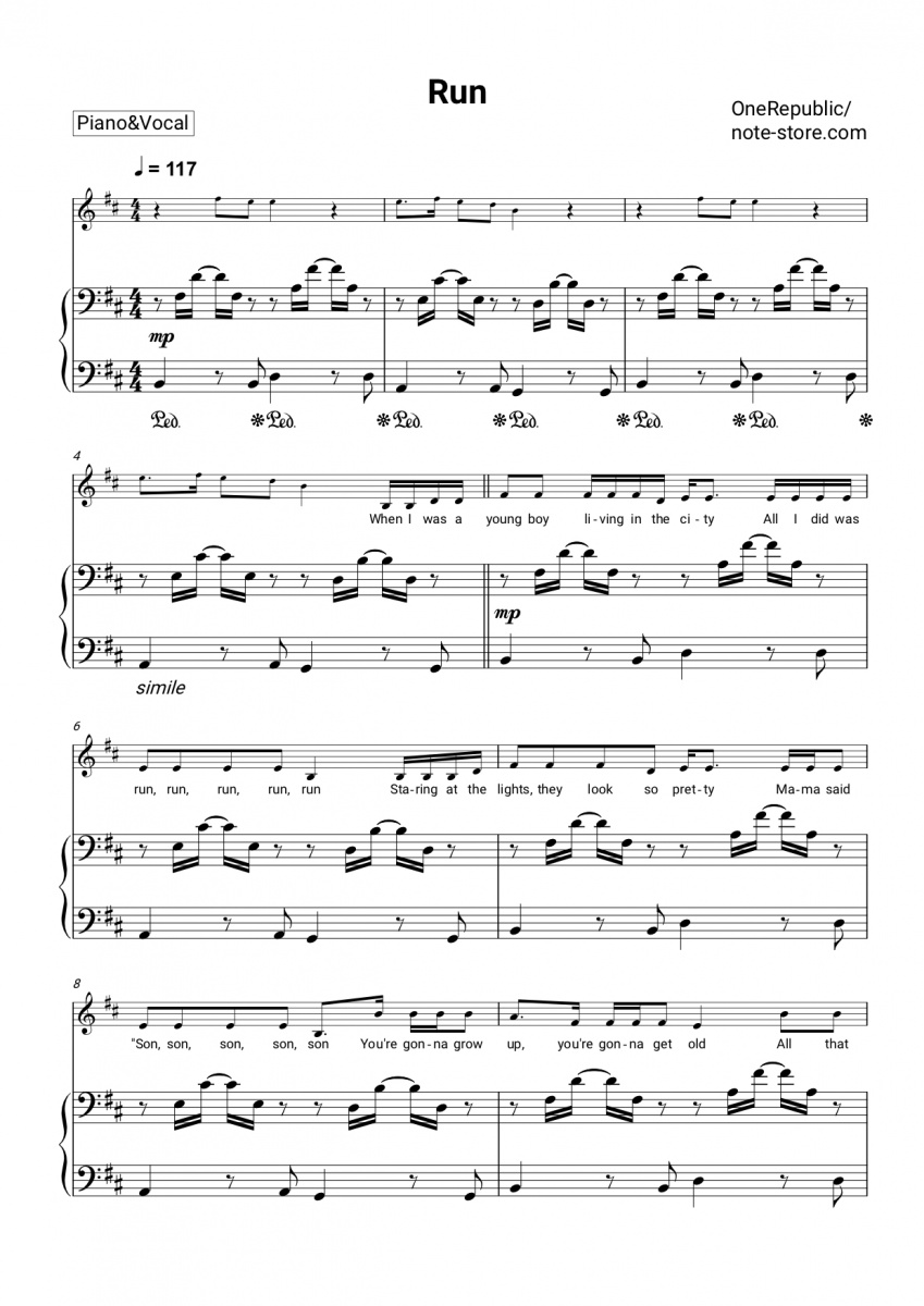 OneRepublic - Run ноты для фортепиано