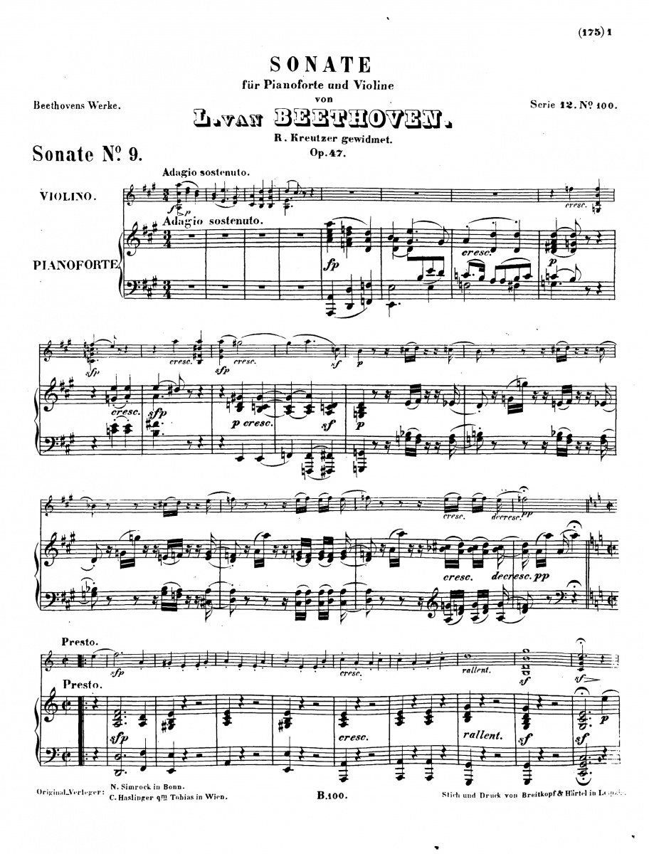 Ноты Людвиг ван Бетховен - Соната № 9 для скрипки и фортепиано ля мажор, op. 47 - Пианино.Соло