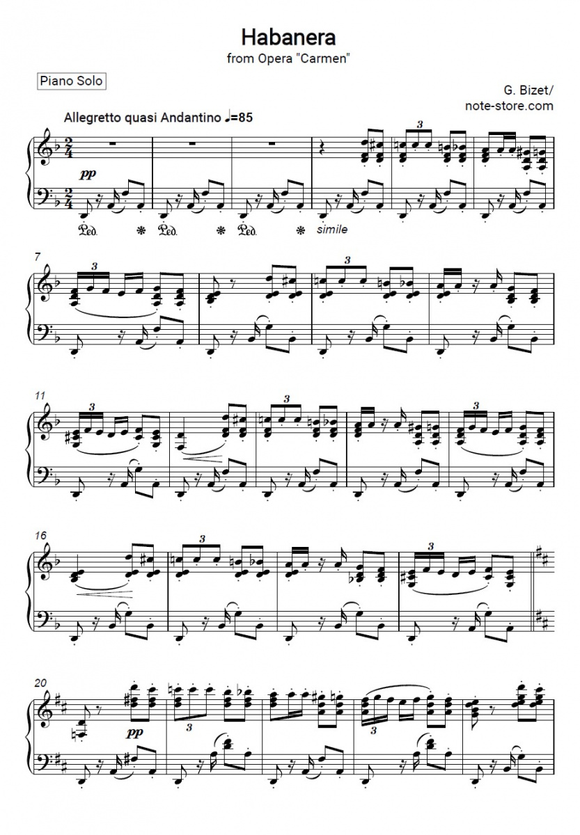 Ноты Жорж Бизе - Хабанера (из оперы Кармен) - Пианино.Соло