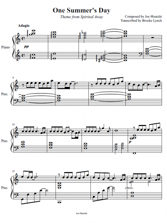 Joe Hisaishi - One Summer's Day (from Spirited Away) ноты для фортепиано