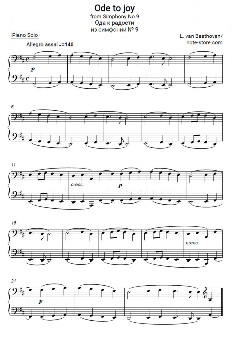 Людвиг ван Бетховен - Ода К радости ноты для фортепиано