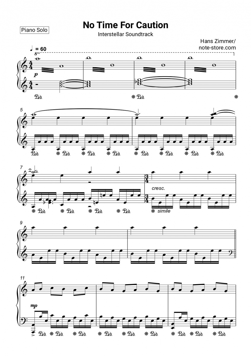 Hans Zimmer - No Time For Caution (из фильма 'Интерстеллар') ноты для фортепиано