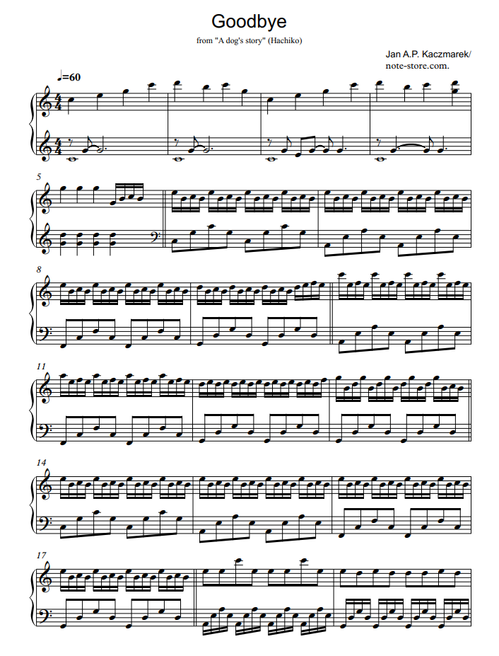 Jan Kaczmarek - Goodbye ноты для фортепиано PDF Пианино.Соло.