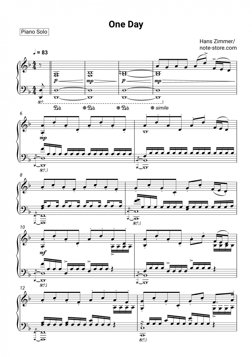 Hans Zimmer - One Day ноты для фортепиано