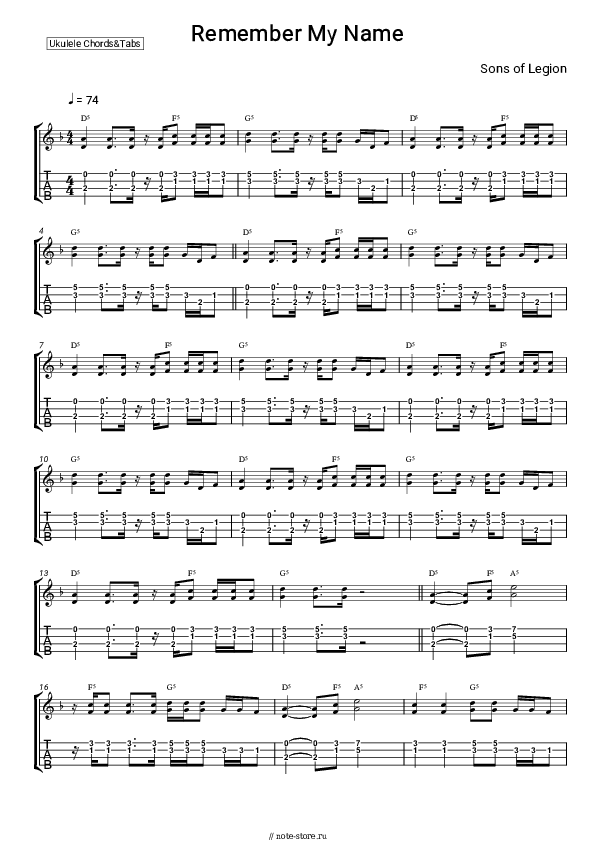 Ноты Sons of Legion - Remember My Name скачать - Укулеле.Аккорды&Табы