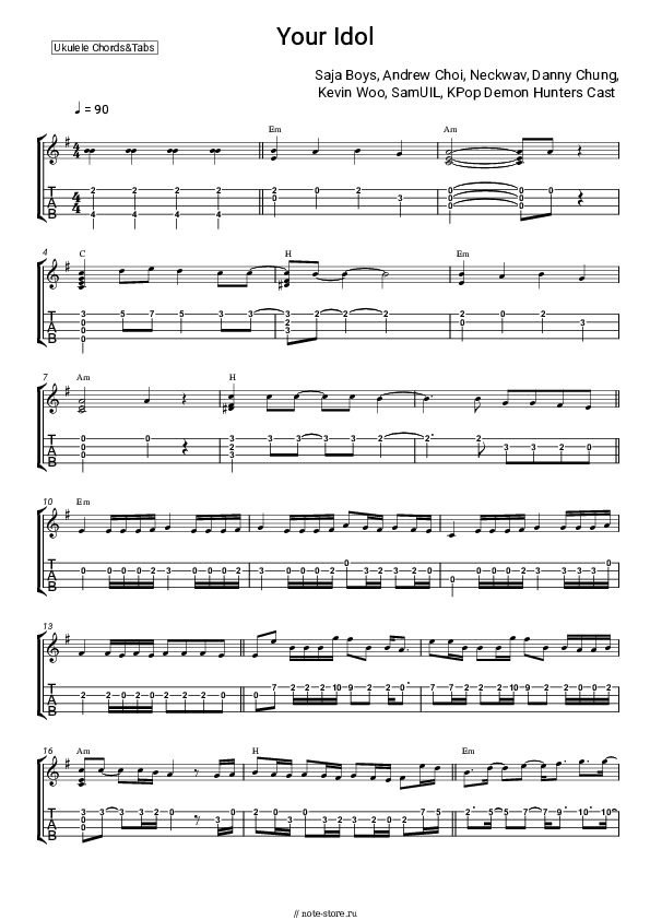 Ноты Saja Boys, Andrew Choi, Neckwav, Danny Chung, Kevin Woo, SamUIL, KPop Demon Hunters Cast - Your Idol скачать - Укулеле.Табы