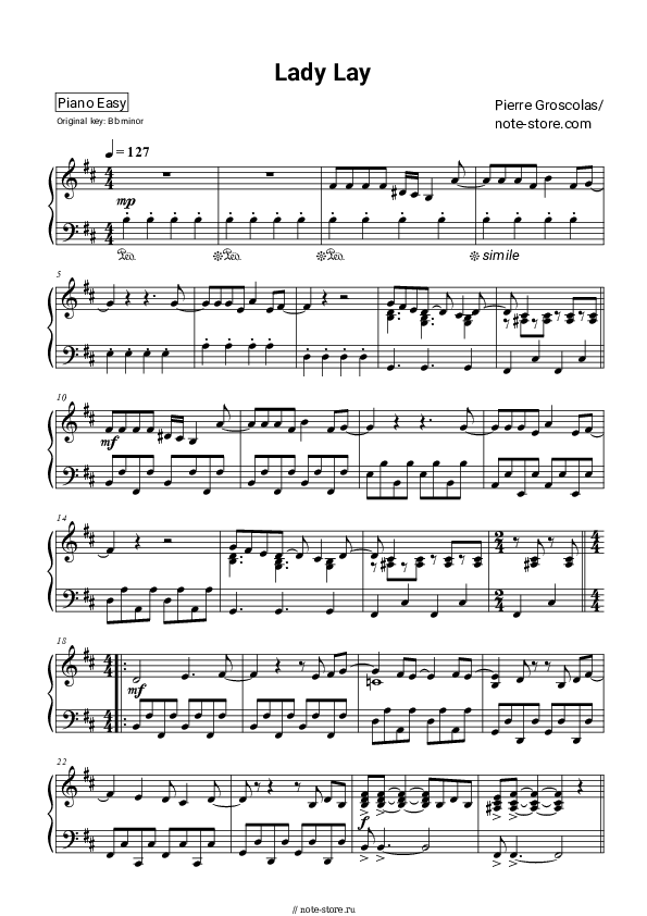 Лёгкие ноты Pierre Groscolas - Lady lay - Пианино.Easy